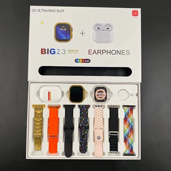 i20 Ultra Max Suit Smartwatch with 7 Straps + Airpods